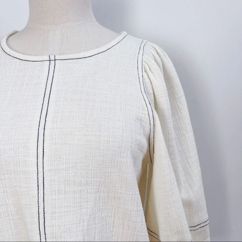 Anthropologie White 3/4 Puff Sleeve Light Cotton Blend Top Blouse Sz XS